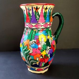 VTG Artisan Handmade Mexican Folk Art Vase Pitcher Jug Colourful Hand Painted